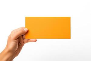 en mänsklig hand innehav en tom ark av orange papper eller kort isolerat på en vit bakgrund. ai genererad foto