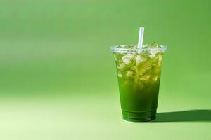 grön dryck i en plast kopp isolerat på en grön bakgrund. ta bort drycker begrepp med kopia Plats. ai genererad foto