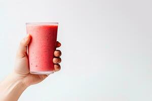 hand innehar en glas av färsk jordgubb smoothie. sommar dryck milkshake och förfriskning organisk begrepp med kopia Plats. ai genererad foto