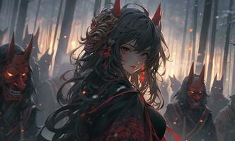 ai generativ samuraj lönnmördare flicka med ljus ögon i anime stil foto