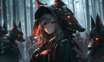 ai generativ samuraj lönnmördare flicka med ljus ögon i anime stil foto