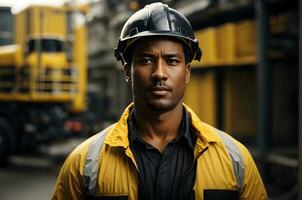 ai generativ porträtt av konstruktion arbetstagare, brandman med gul hjälm foto