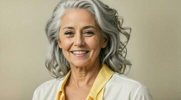 ai generativ porträtt av skön äldre kvinna leende, lycka, grå frisyr, bakgrund, baner, kopia Plats text foto