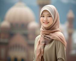 ai generativ skön asiatisk muslim flicka bär hijab foto