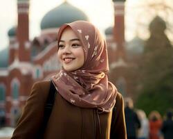 ai generativ skön asiatisk muslim flicka bär hijab foto