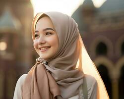 ai generativ skön asiatisk muslim flicka bär hijab foto