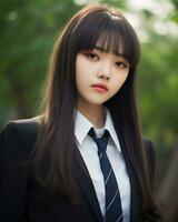 ai generativ skön asiatisk flicka bär svart kostym skjorta och slips foto