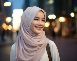 ai generativ skön asiatisk muslim flicka bär hijab foto