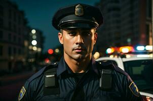 ai generativ porträtt av stilig polis officer, polis bil i bakgrund foto