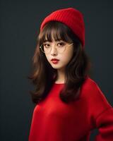 ai generativ skön asiatisk flicka bär röd Tröja glasögon och hatt foto