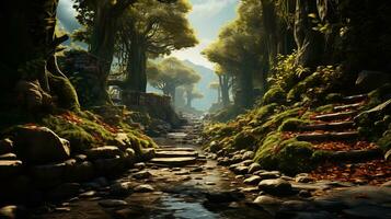 ai generativ magisk skog scener med frodig grönska foto
