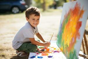 pojke målning en regnbåge på en duk foto