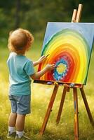 pojke målning en regnbåge på en duk foto