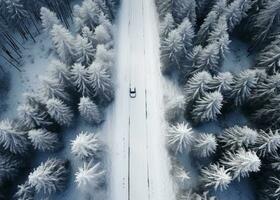 ett antenn skott av snöig väg i de mitten av en skog foto