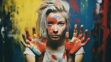 flicka med färgstänkt händer och ansikte foto