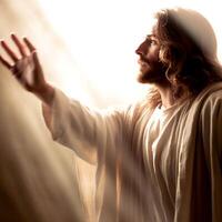 ai generativ Jesus höjer hans händer i bön som de elegant Sol uppsättningar foto