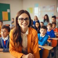 ai generativ Lycklig leende ung kvinna lärare i glasögon över de klassrum foto