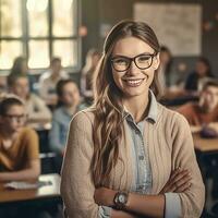 ai generativ Lycklig skola kvinna lärare med glasögon foto