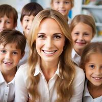 ai generativ skön primär skola lärare Framställ till kamera med henne studenter foto