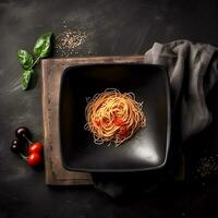 ai generativ utsökt pasta i svart maträtt foto