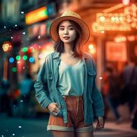 ai generativ asiatisk flicka bär en hatt och Framställ till de kamera foto