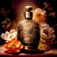 ai generativ en skön årgång kunglig parfym flaska på en lyxig blomning mörk bakgrund foto
