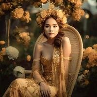 ai generativ en skön asiatisk flicka bär en elegant blomma krona Sammanträde på en stol dekorerad med blommor foto