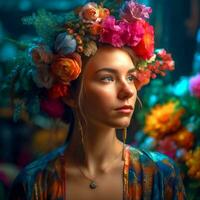 ai generativ en skön flicka Framställ till de kamera bär en abstrakt färgrik blomma krona på henne huvud foto