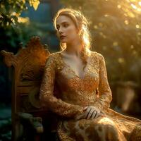 ai generativ en Söt flicka i en elegant gyllene klänning Framställ för de kamera under de solljus foto