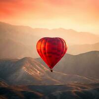 ai generativ ett abstrakt röd varm luft ballong flygande ensam ovan de skön berg toppar i de kväll himmel foto