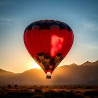 ai generativ en skön röd tema varm luft ballong reser ensam i de kväll himmel foto