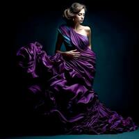 ai generativ en Söt flicka i en elegant lila ruggig klänning på en mörk bakgrund foto