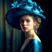 ai generativ en skön flicka i en abstrakt blå hatt och blå ruggig klänning på en mörk bakgrund foto