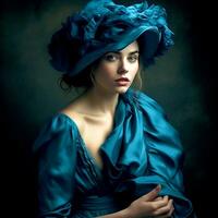 ai generativ en Söt flicka i en abstrakt blå hatt och blå ruggig klänning på en mörk bakgrund foto