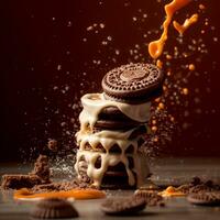 ai generativ choklad småkakor med utsökt vanilj mjölk grädde strömma på de mörk foto