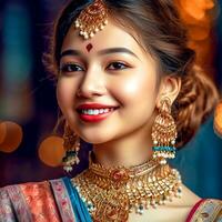 ai generativ närbild av skön asiatisk flicka bär saree och stark Smycken på suddig bakgrund foto