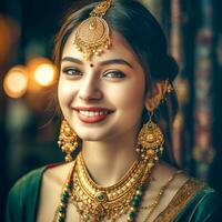 ai generativ sällskaplig indisk flicka med skön ögon bär en saree och Smycken i en suddig bakgrund foto