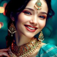ai generativ Söt asiatisk flicka med en skön ansikte klädd i ett indisk saree och Smycken foto