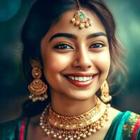 ai generativ en indisk flicka med en skön ögon i en saree och Smycken i en suddig bakgrund foto