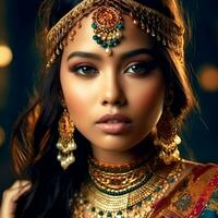 ai generativ närbild av en sällskaplig flicka bär en saree och guld Smycken på ett abstrakt bakgrund foto