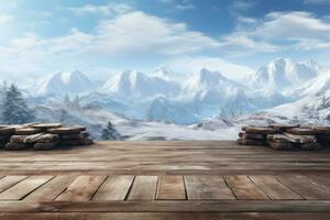 trä- golv av bergen landskap vinter- bakgrund ai genererad foto