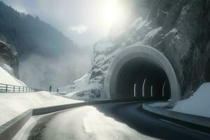 berg tunnel vinter- väg. generera ai foto