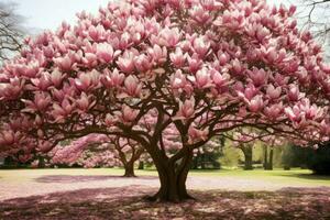glänsande full av blommor magnolia träd. generera ai foto