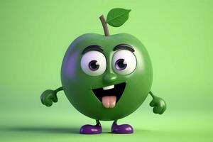 tecknad serie grön äpple karaktär 3d. generera ai foto