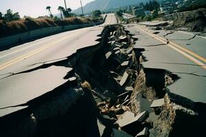 fragmenterad sprickor väg efter jordbävning. generera ai foto