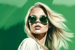 grön solglasögon blondin. generera ai foto