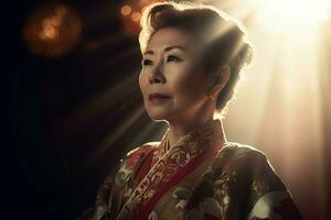 senior Kina kvinna kimono lady. generera ai foto