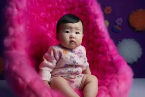 bebis klädd rosa soffa. generera ai foto