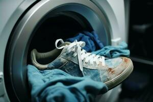 gymnastikskor smutsig strumpor tvätta maskin. generera ai foto