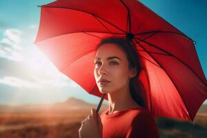 kvinna röd paraply. generera ai foto